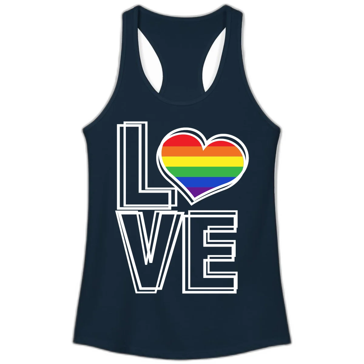 Love is love rainbow heart design with vibrant Pride flag colors in an outlined heart shape and bold LOVE text in Solid Midnight Navy