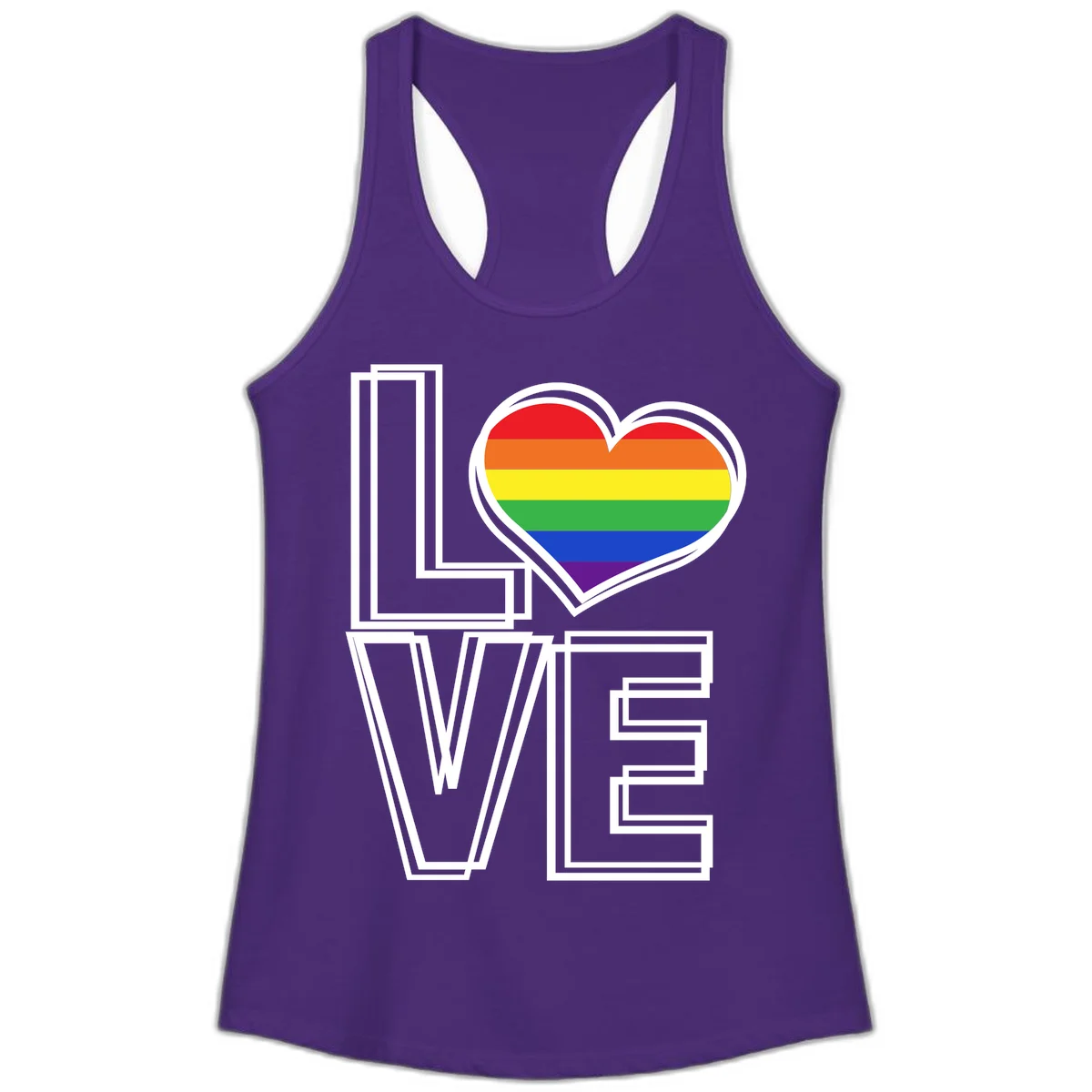 Love is love rainbow heart design with vibrant Pride flag colors in an outlined heart shape and bold LOVE text in Solid Purple Rush