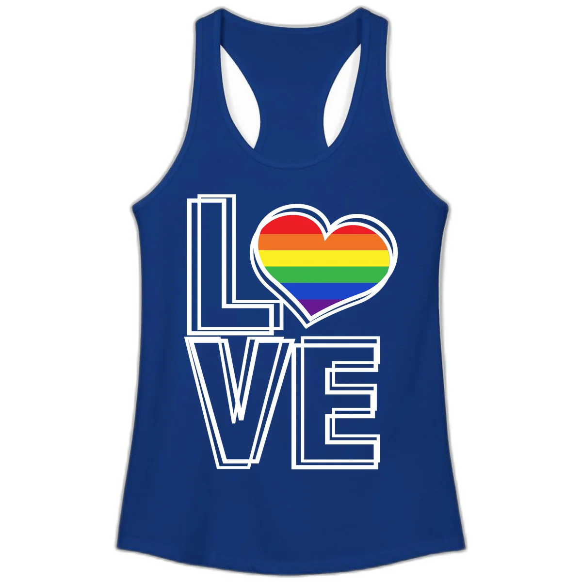 Love is love rainbow heart design with vibrant Pride flag colors in an outlined heart shape and bold LOVE text in Solid Royal
