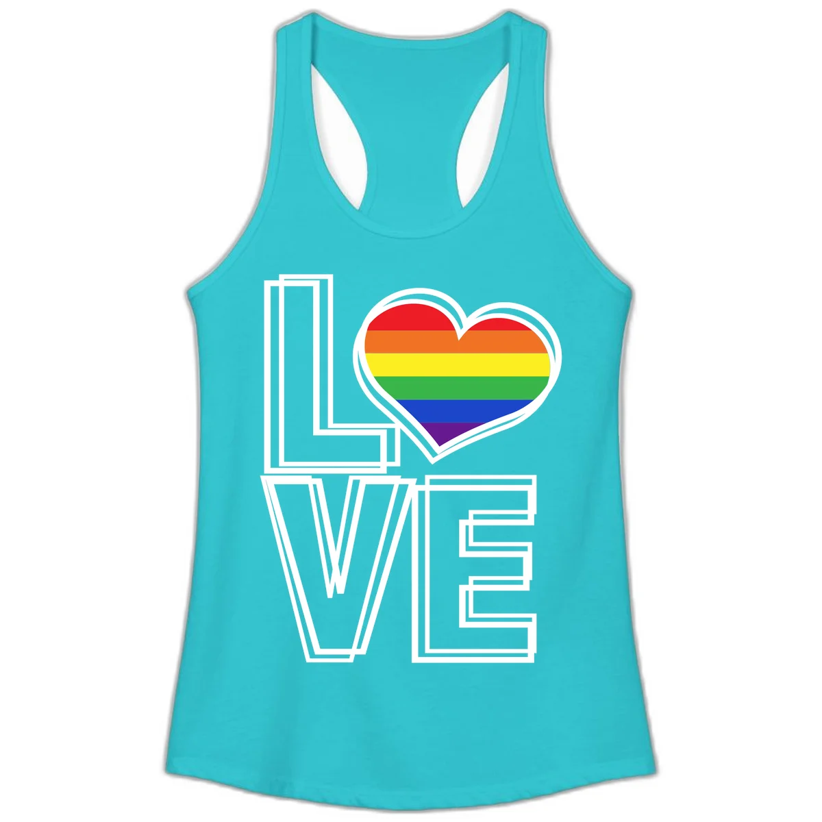 Love is love rainbow heart design with vibrant Pride flag colors in an outlined heart shape and bold LOVE text in Solid Tahiti Blue