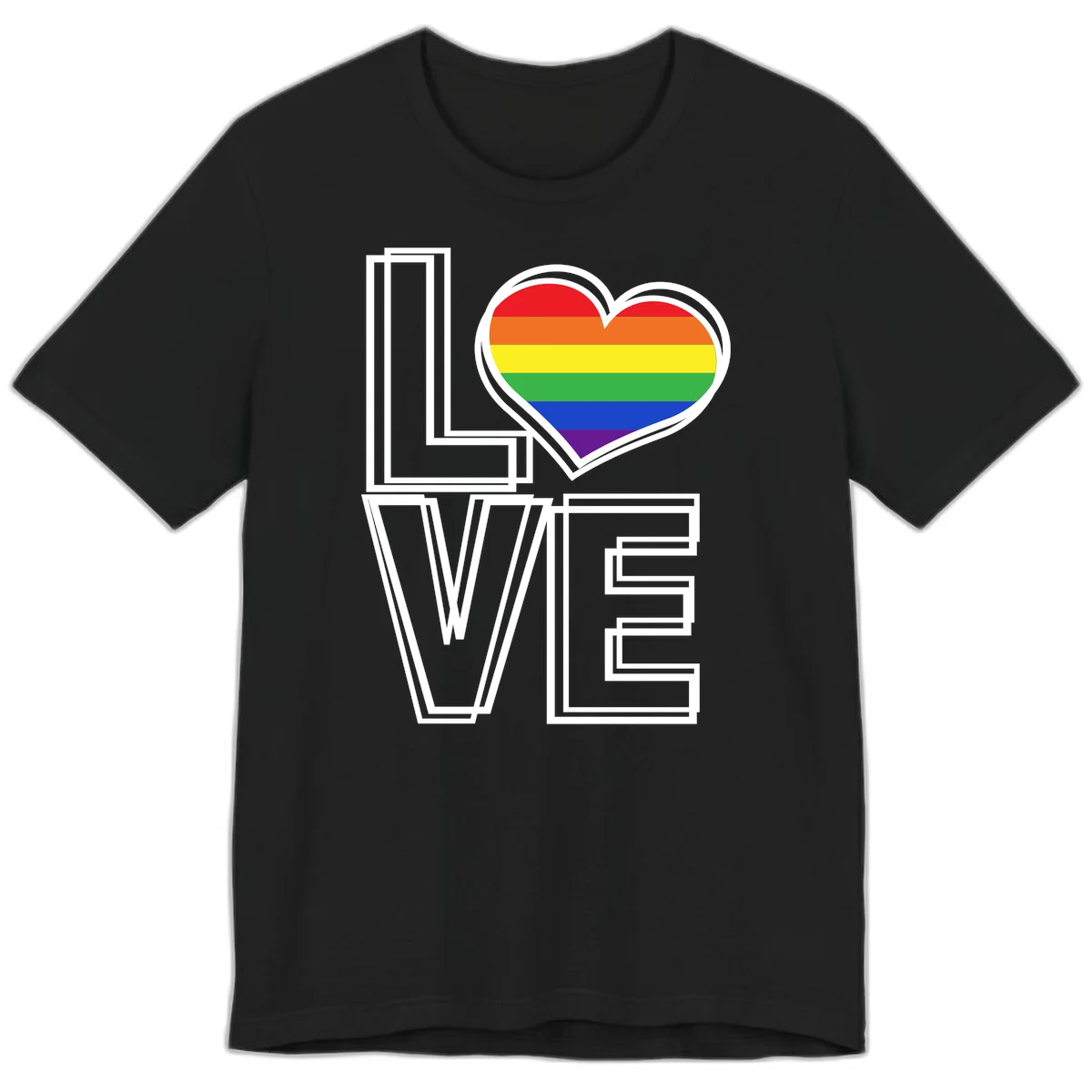 Love is love rainbow heart design with vibrant Pride flag colors in an outlined heart shape and bold LOVE text in Black