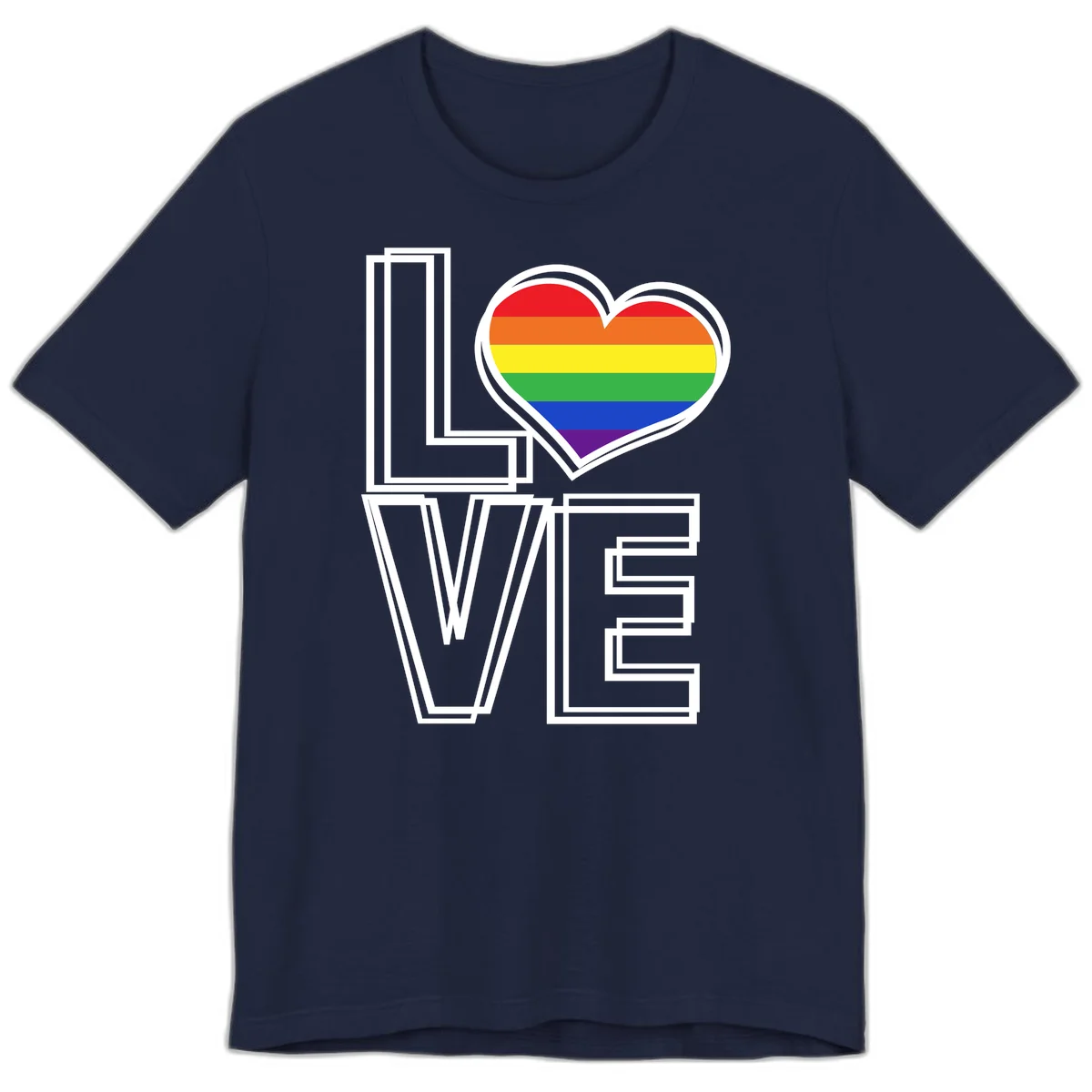 Love is love rainbow heart design with vibrant Pride flag colors in an outlined heart shape and bold LOVE text in Navy