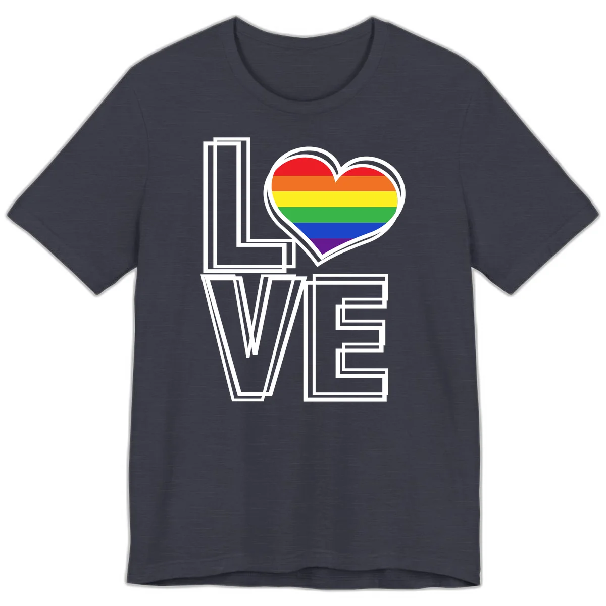 Love is love rainbow heart design with vibrant Pride flag colors in an outlined heart shape and bold LOVE text in Heather Midnight Navy
