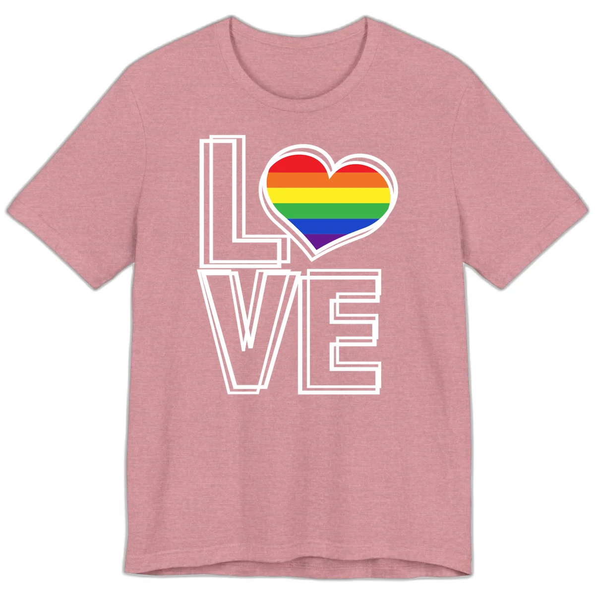 Love is love rainbow heart design with vibrant Pride flag colors in an outlined heart shape and bold LOVE text in Heather Orchid