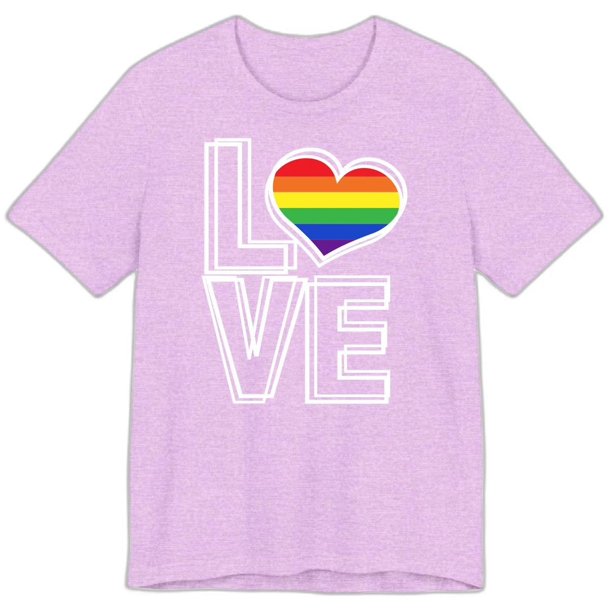 Love is love rainbow heart design with vibrant Pride flag colors in an outlined heart shape and bold LOVE text in Heather Prism Lilac