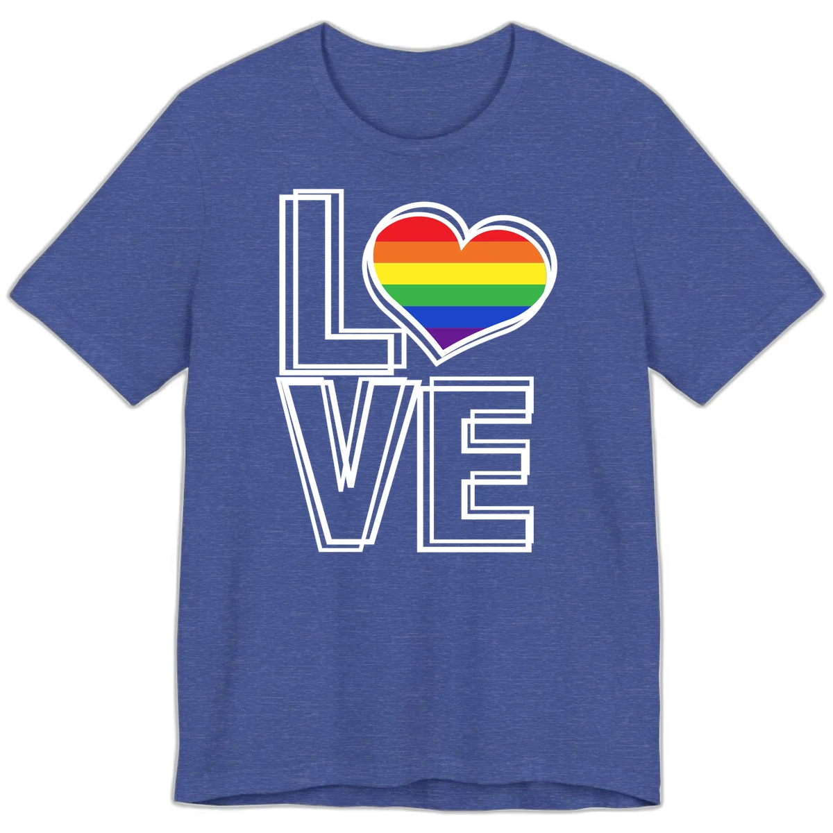Love is love rainbow heart design with vibrant Pride flag colors in an outlined heart shape and bold LOVE text in Heather True Royal