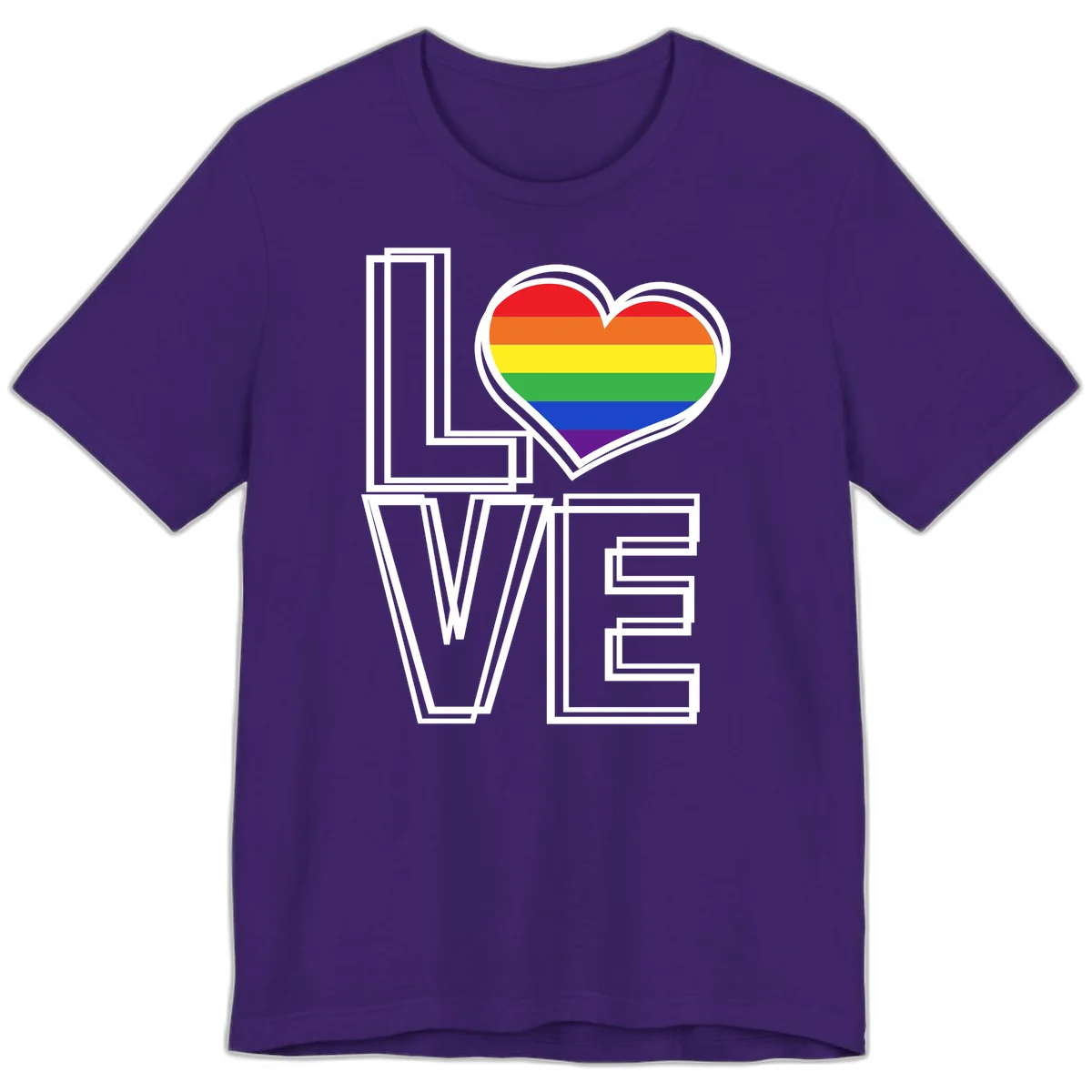 Love is love rainbow heart design with vibrant Pride flag colors in an outlined heart shape and bold LOVE text in Team Purple