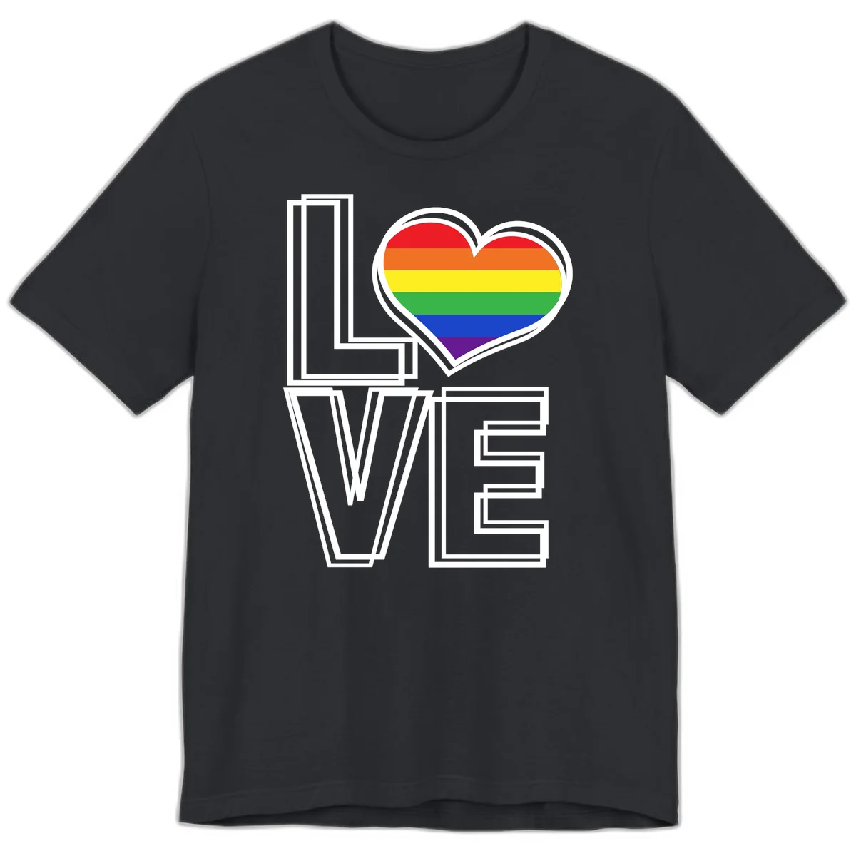 Love is love rainbow heart design with vibrant Pride flag colors in an outlined heart shape and bold LOVE text in Vintage Black