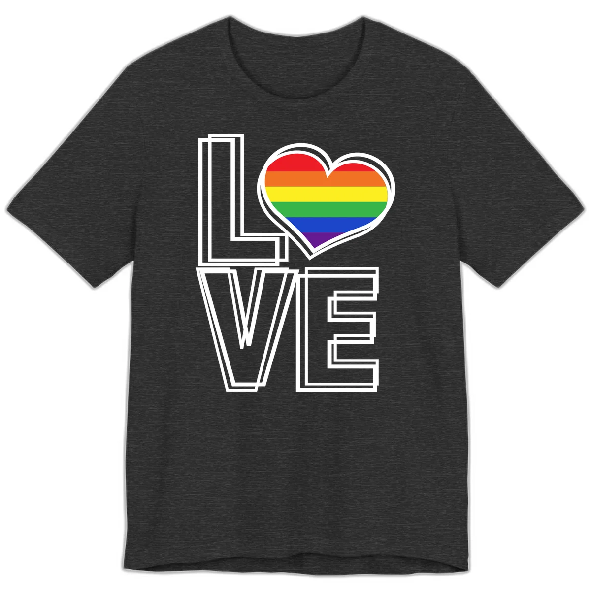 Love is love rainbow heart design with vibrant Pride flag colors in an outlined heart shape and bold LOVE text in Dark Grey Heather