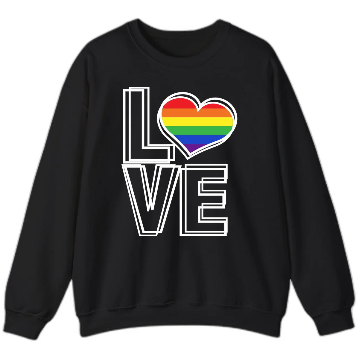 Love is love rainbow heart design with vibrant Pride flag colors in an outlined heart shape and bold LOVE text in Black