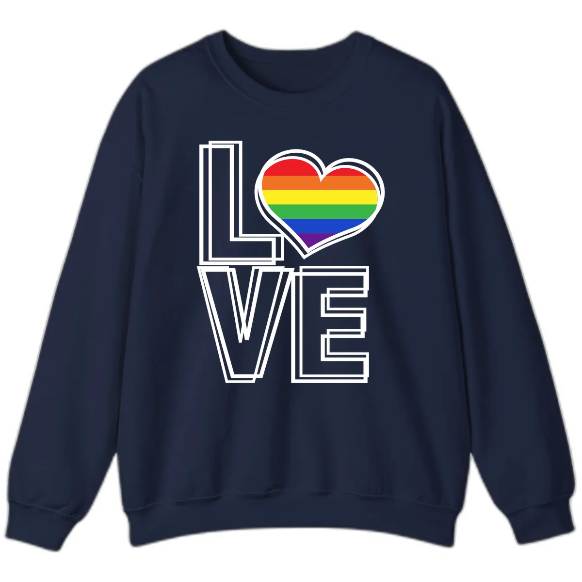 Love is love rainbow heart design with vibrant Pride flag colors in an outlined heart shape and bold LOVE text in Navy