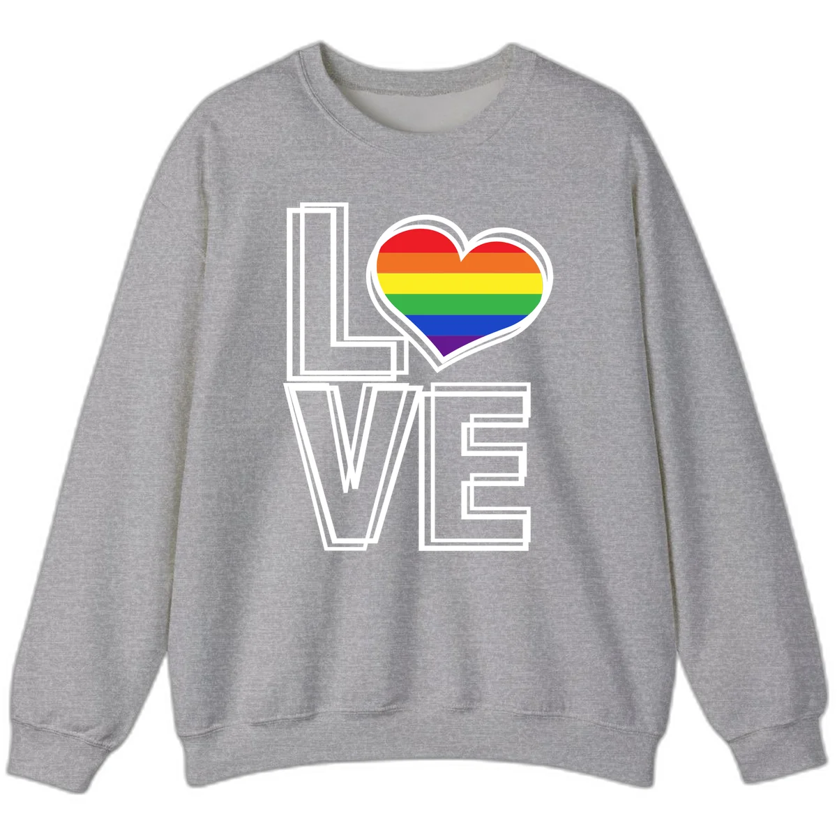 Love is love rainbow heart design with vibrant Pride flag colors in an outlined heart shape and bold LOVE text in Sport Grey
