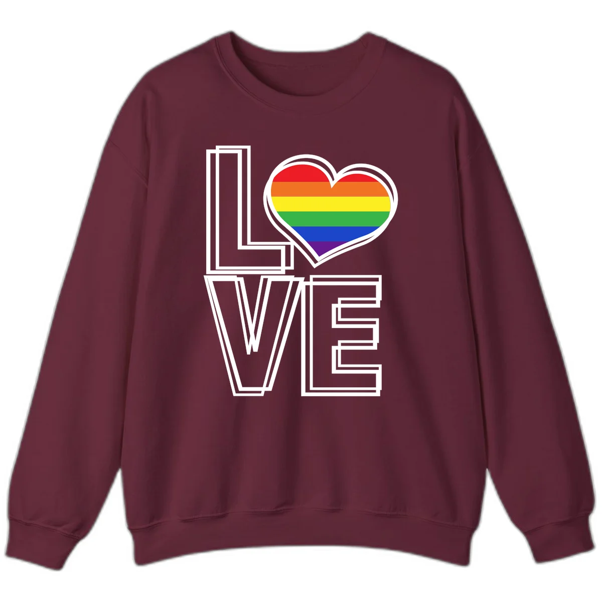 Love is love rainbow heart design with vibrant Pride flag colors in an outlined heart shape and bold LOVE text in Maroon
