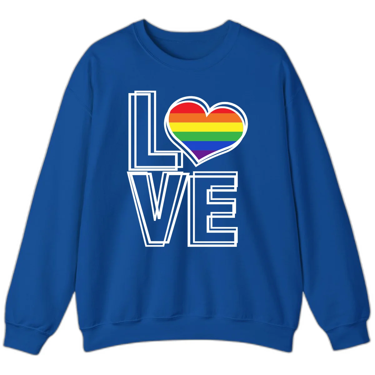 Love is love rainbow heart design with vibrant Pride flag colors in an outlined heart shape and bold LOVE text in Royal