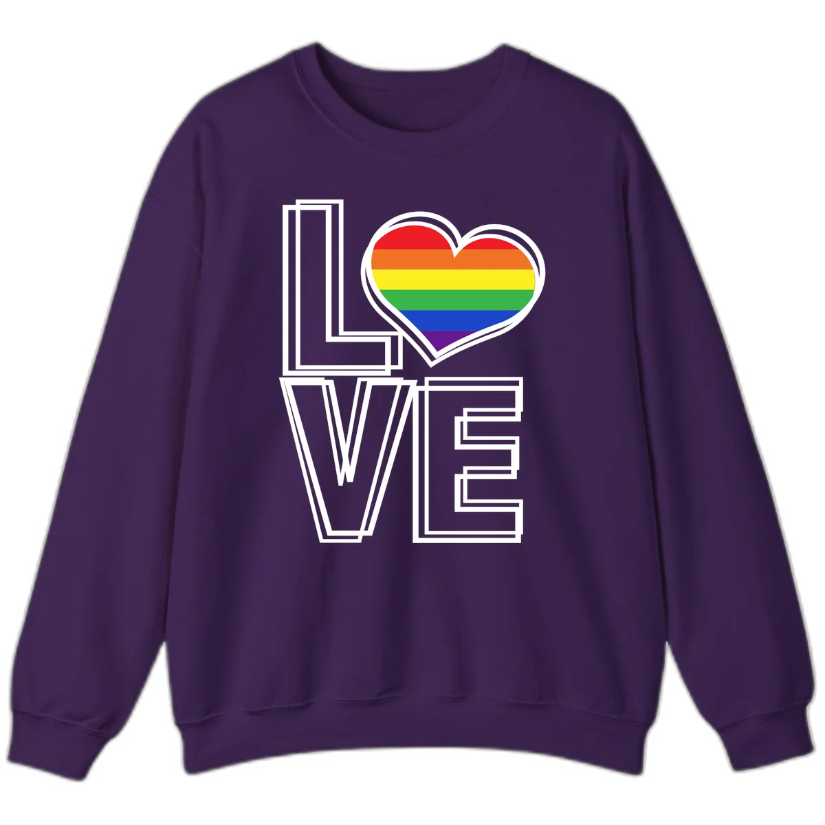 Love is love rainbow heart design with vibrant Pride flag colors in an outlined heart shape and bold LOVE text in Purple