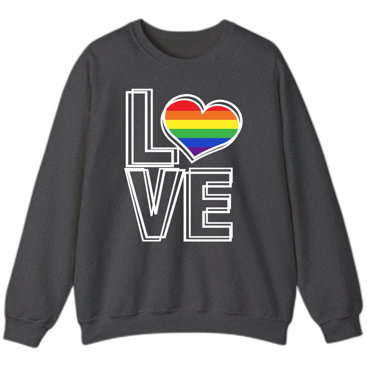Love is love rainbow heart design with vibrant Pride flag colors in an outlined heart shape and bold LOVE text in Dark Heather