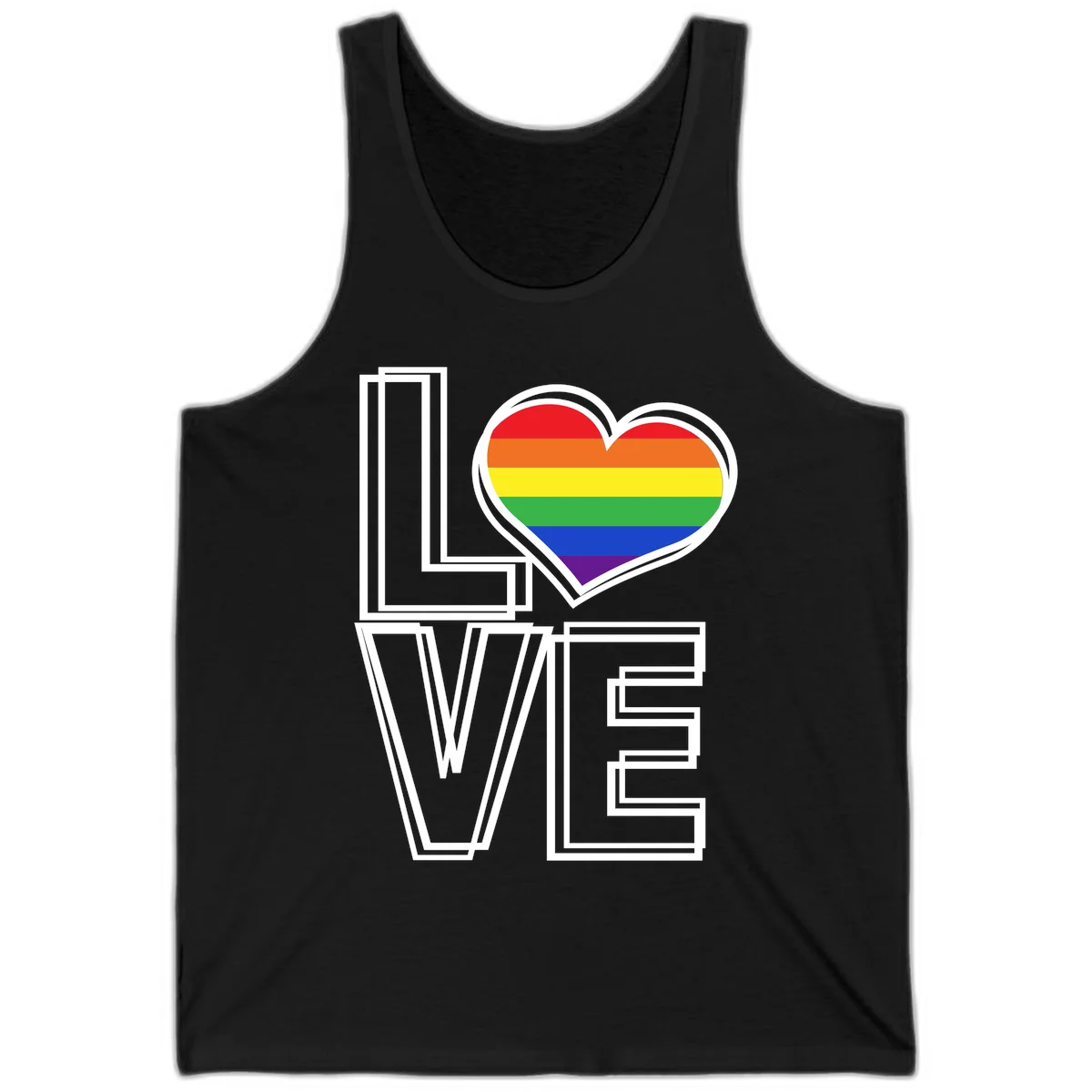Love is love rainbow heart design with vibrant Pride flag colors in an outlined heart shape and bold LOVE text in Black