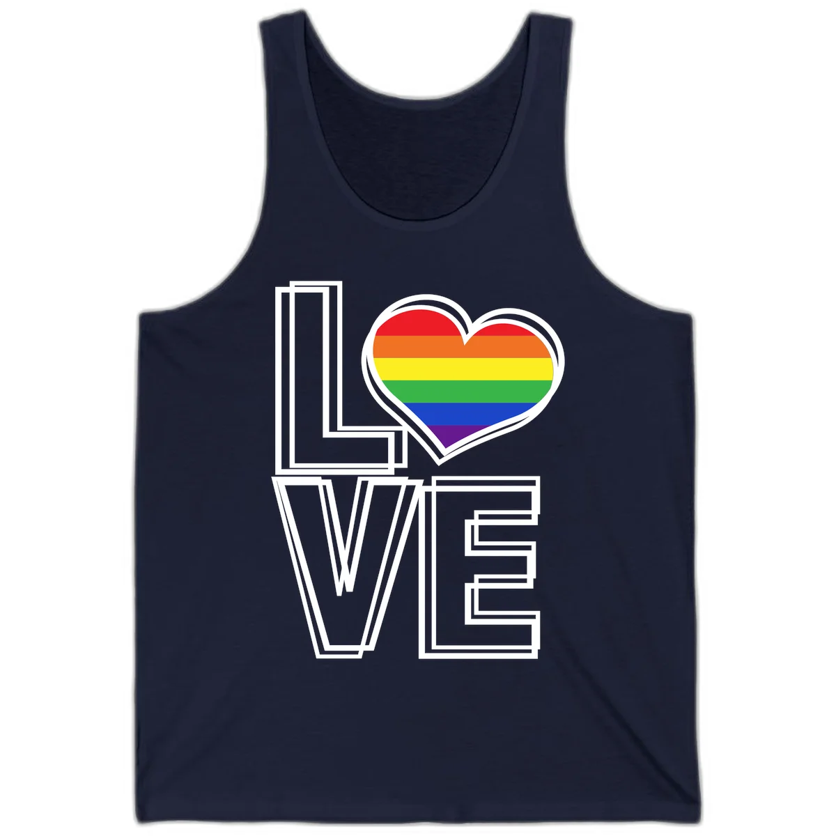 Love is love rainbow heart design with vibrant Pride flag colors in an outlined heart shape and bold LOVE text in Navy