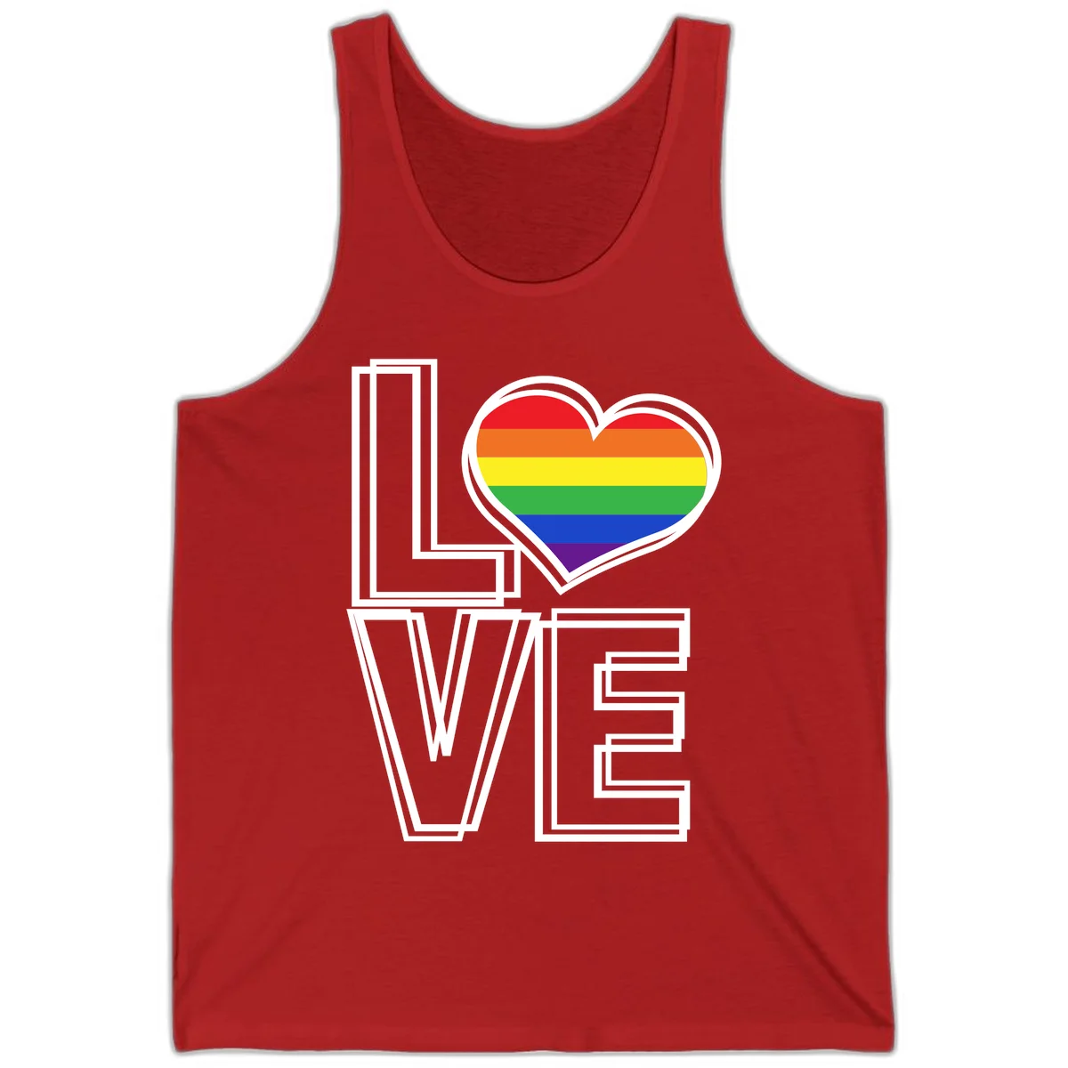 Love is love rainbow heart design with vibrant Pride flag colors in an outlined heart shape and bold LOVE text in Red