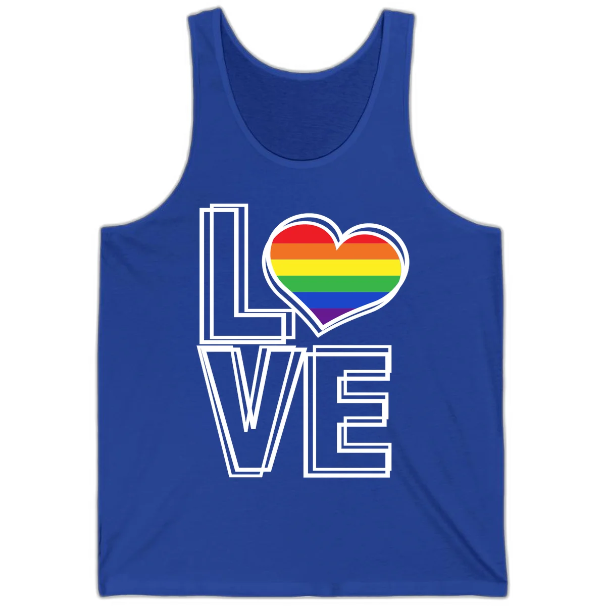 Love is love rainbow heart design with vibrant Pride flag colors in an outlined heart shape and bold LOVE text in True Royal