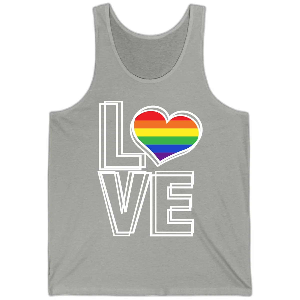 Love is love rainbow heart design with vibrant Pride flag colors in an outlined heart shape and bold LOVE text in Athletic Heather