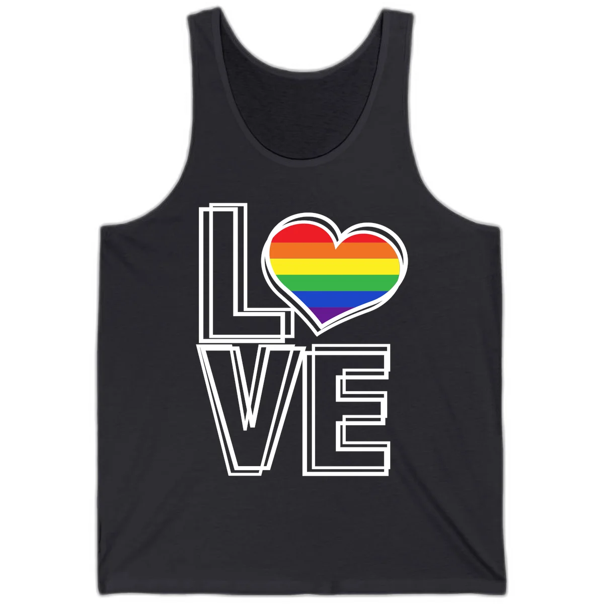 Love is love rainbow heart design with vibrant Pride flag colors in an outlined heart shape and bold LOVE text in Dark Grey