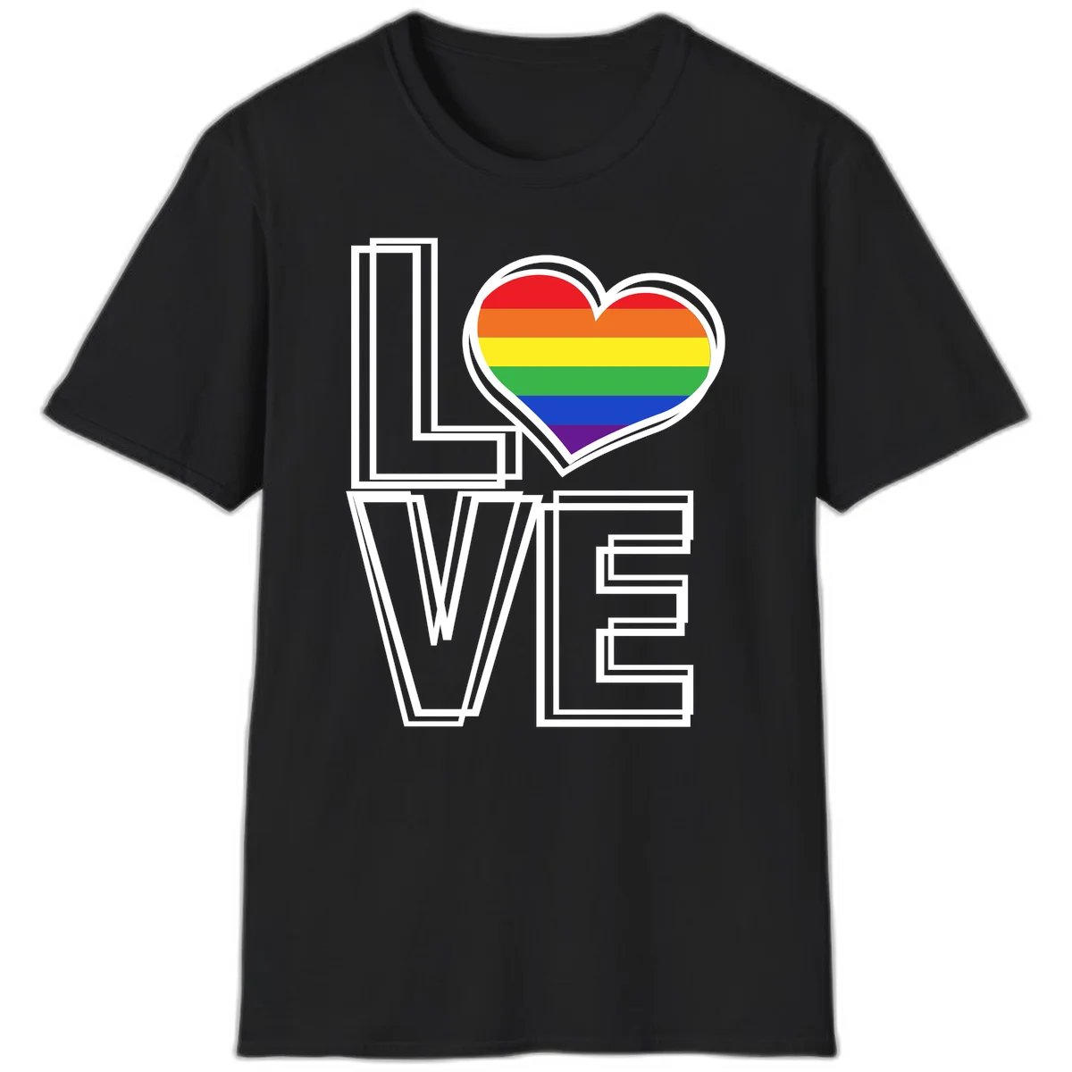 Love is love rainbow heart design with vibrant Pride flag colors in an outlined heart shape and bold LOVE text in Black