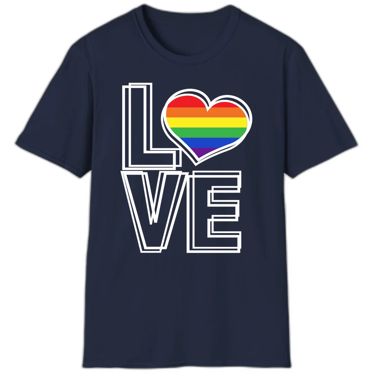 Love is love rainbow heart design with vibrant Pride flag colors in an outlined heart shape and bold LOVE text in Navy