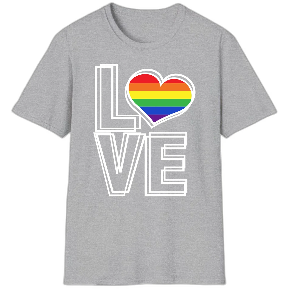 Love is love rainbow heart design with vibrant Pride flag colors in an outlined heart shape and bold LOVE text in Sport Grey