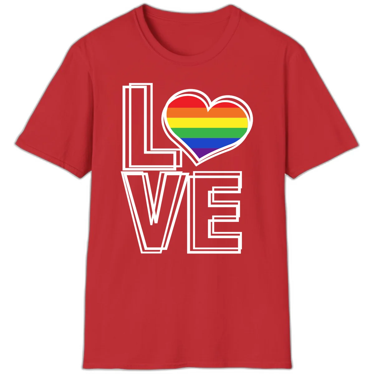Love is love rainbow heart design with vibrant Pride flag colors in an outlined heart shape and bold LOVE text in Red