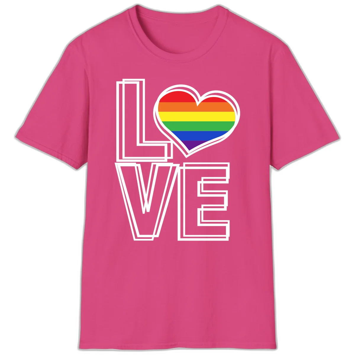 Love is love rainbow heart design with vibrant Pride flag colors in an outlined heart shape and bold LOVE text in Heliconia