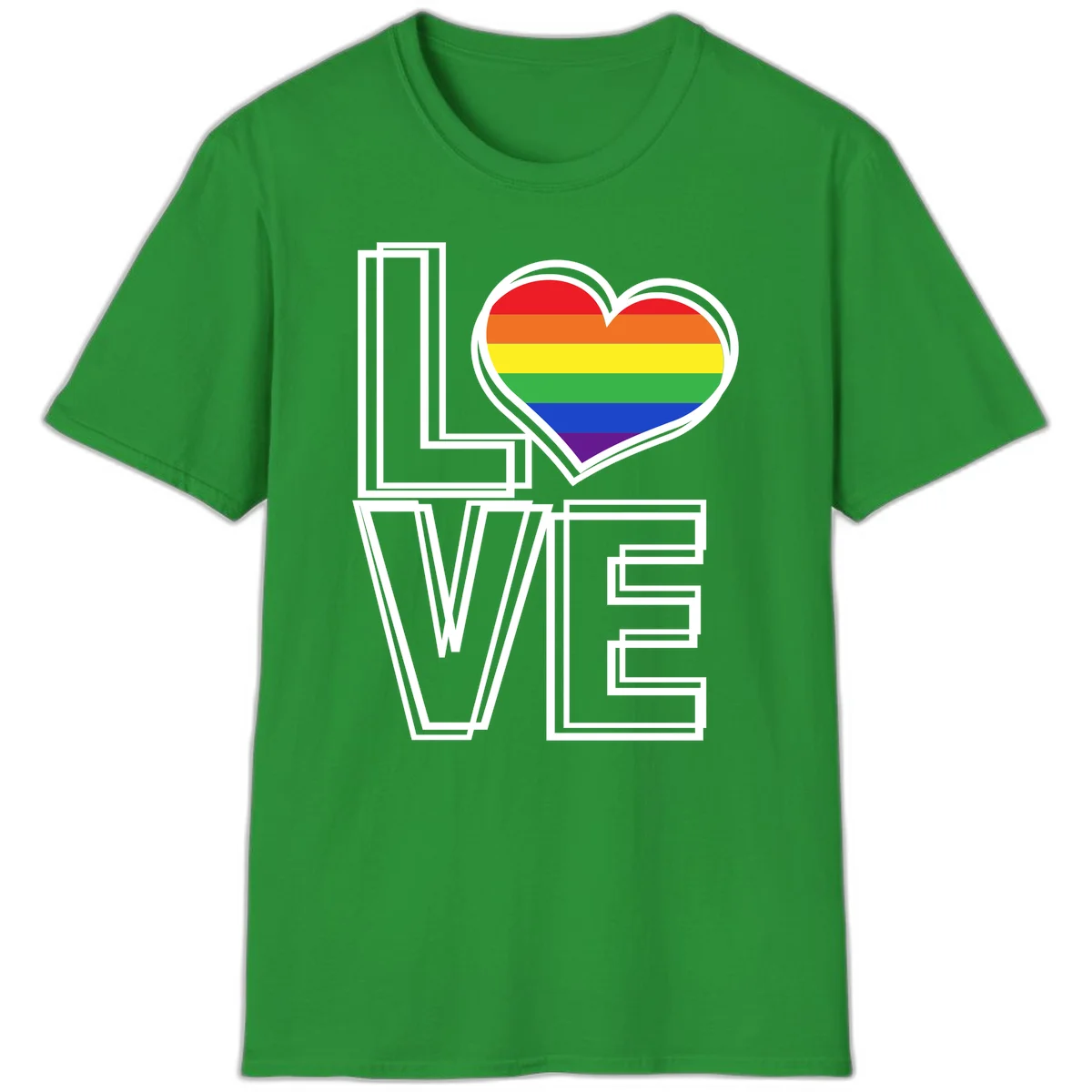 Love is love rainbow heart design with vibrant Pride flag colors in an outlined heart shape and bold LOVE text in Irish Green