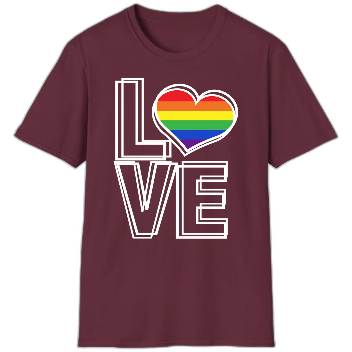 Love is love rainbow heart design with vibrant Pride flag colors in an outlined heart shape and bold LOVE text in Maroon