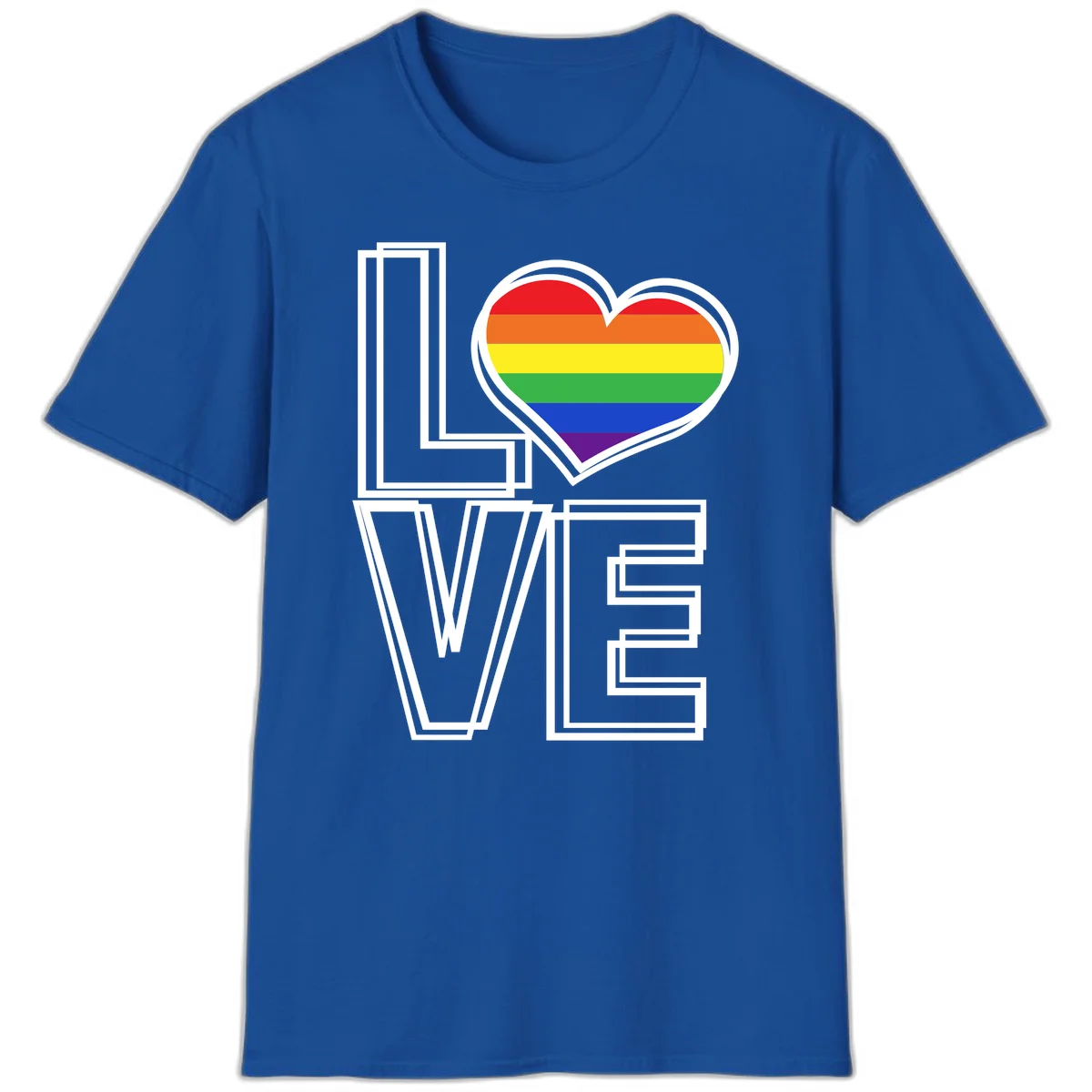 Love is love rainbow heart design with vibrant Pride flag colors in an outlined heart shape and bold LOVE text in Royal