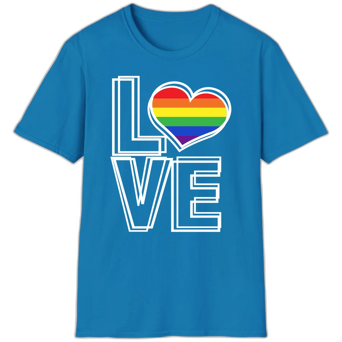 Love is love rainbow heart design with vibrant Pride flag colors in an outlined heart shape and bold LOVE text in Sapphire