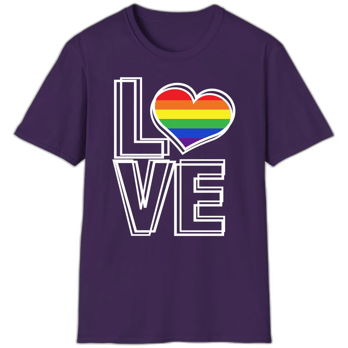 Love is love rainbow heart design with vibrant Pride flag colors in an outlined heart shape and bold LOVE text in Purple