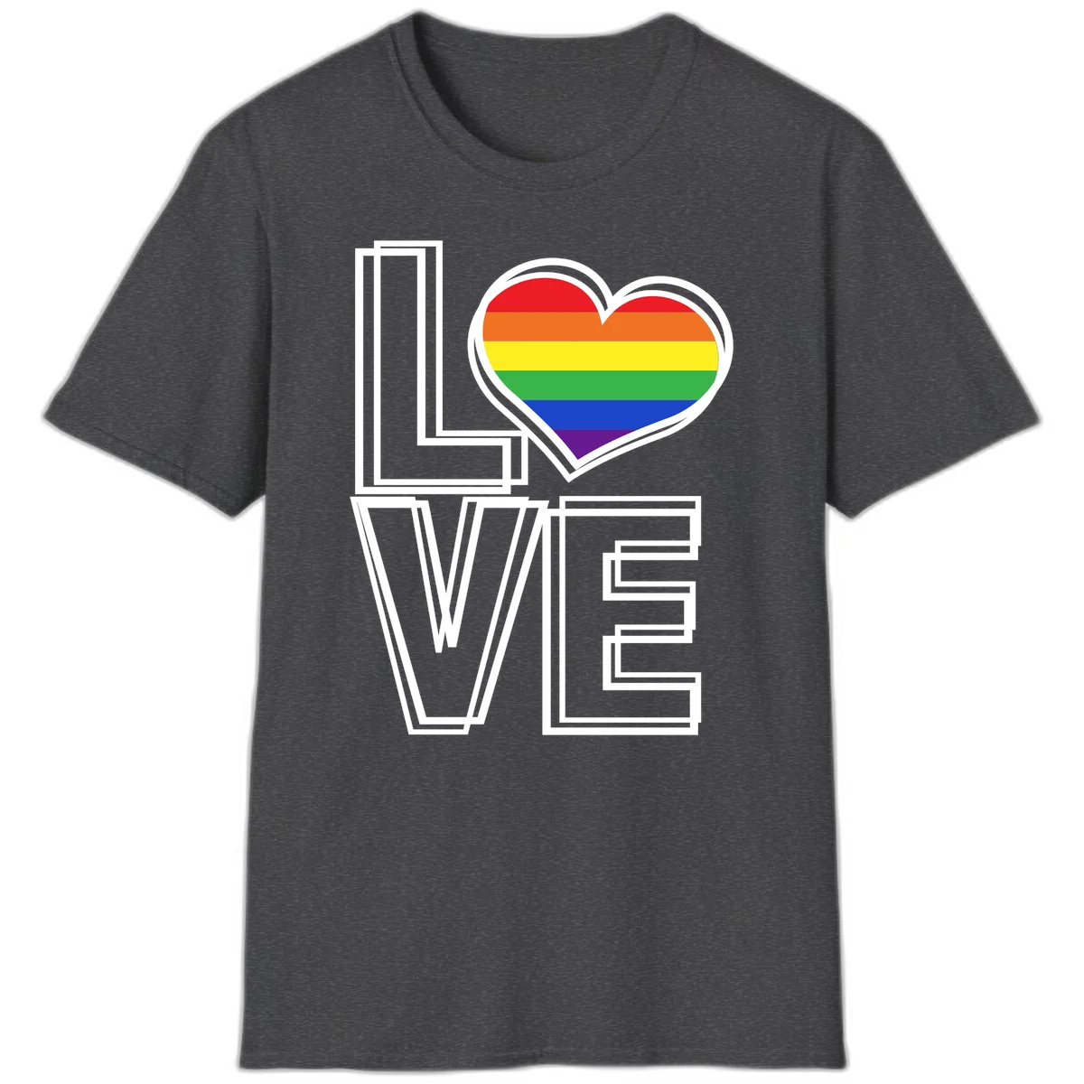 Love is love rainbow heart design with vibrant Pride flag colors in an outlined heart shape and bold LOVE text in Dark Heather