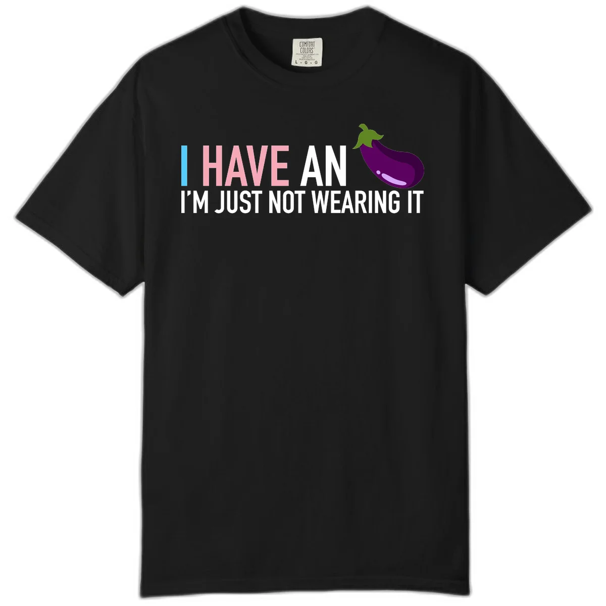 Humorous design with 'I Have An Eggplant I'm Just Not Wearing It' text and purple eggplant illustration in Black