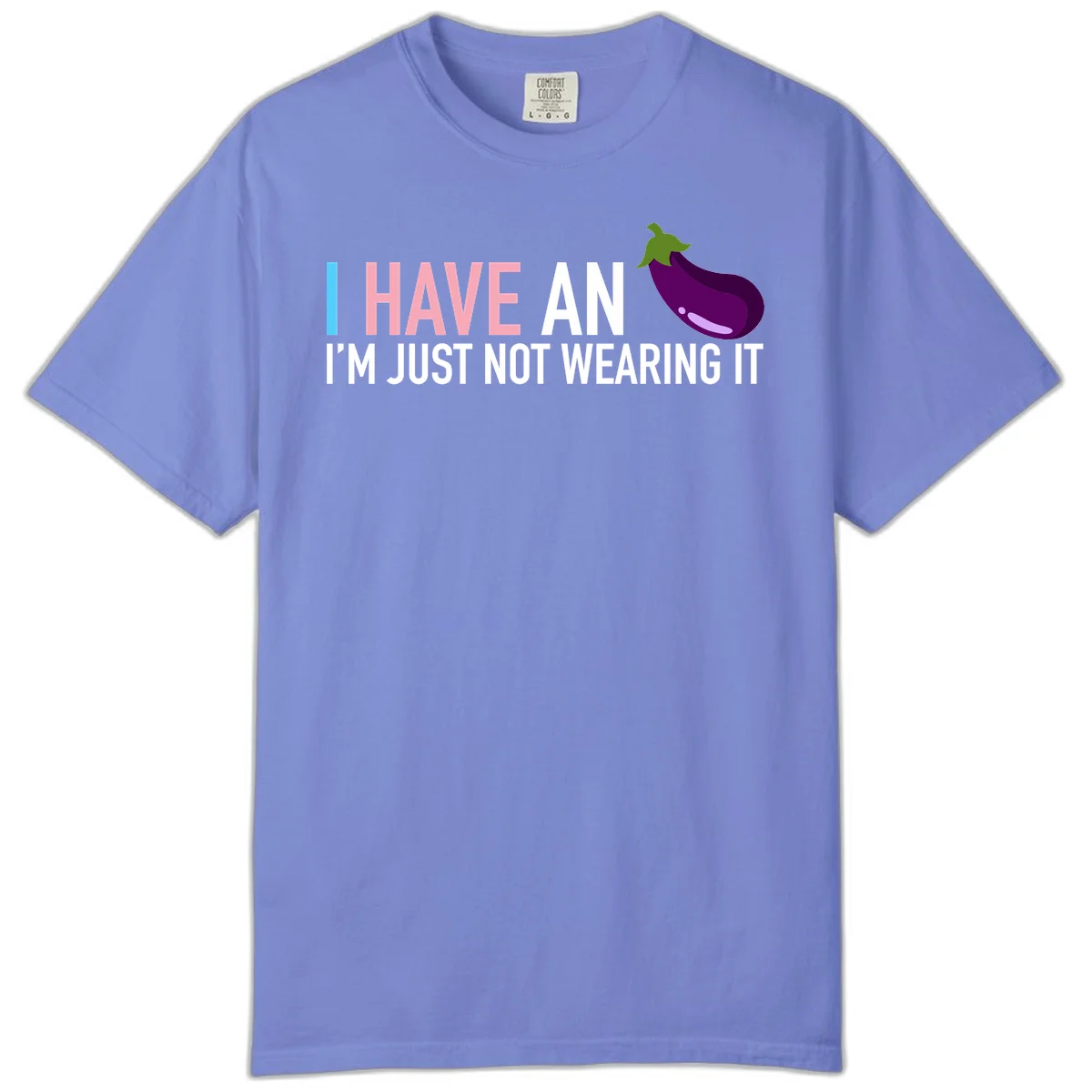 Humorous design with 'I Have An Eggplant I'm Just Not Wearing It' text and purple eggplant illustration in Flo Blue