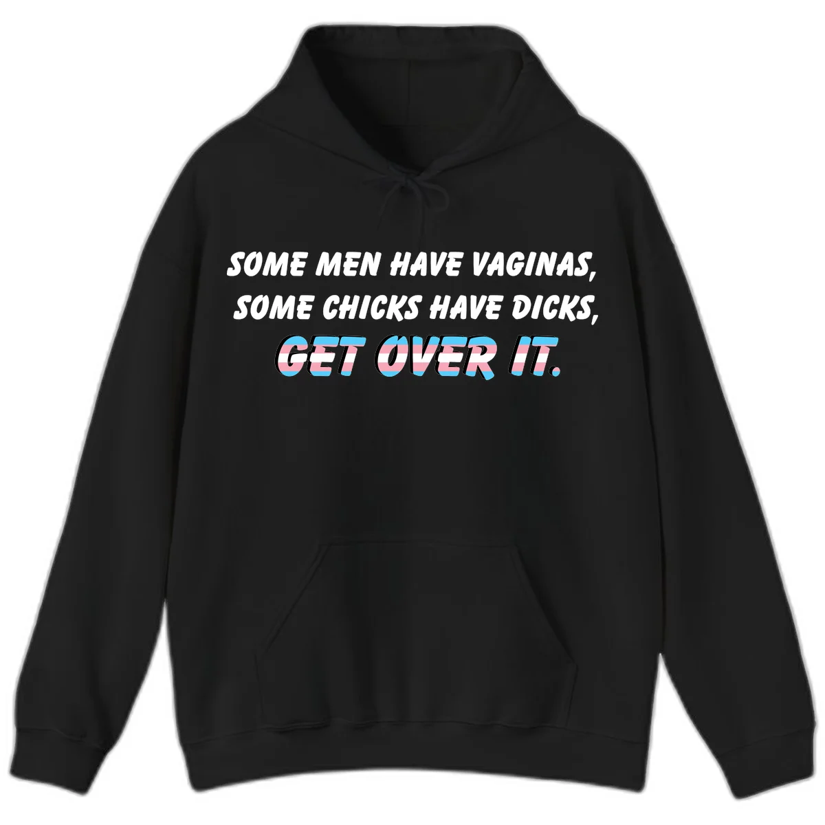 Get over it trans pride design with white text on gray background and trans flag colors in final phrase in Black
