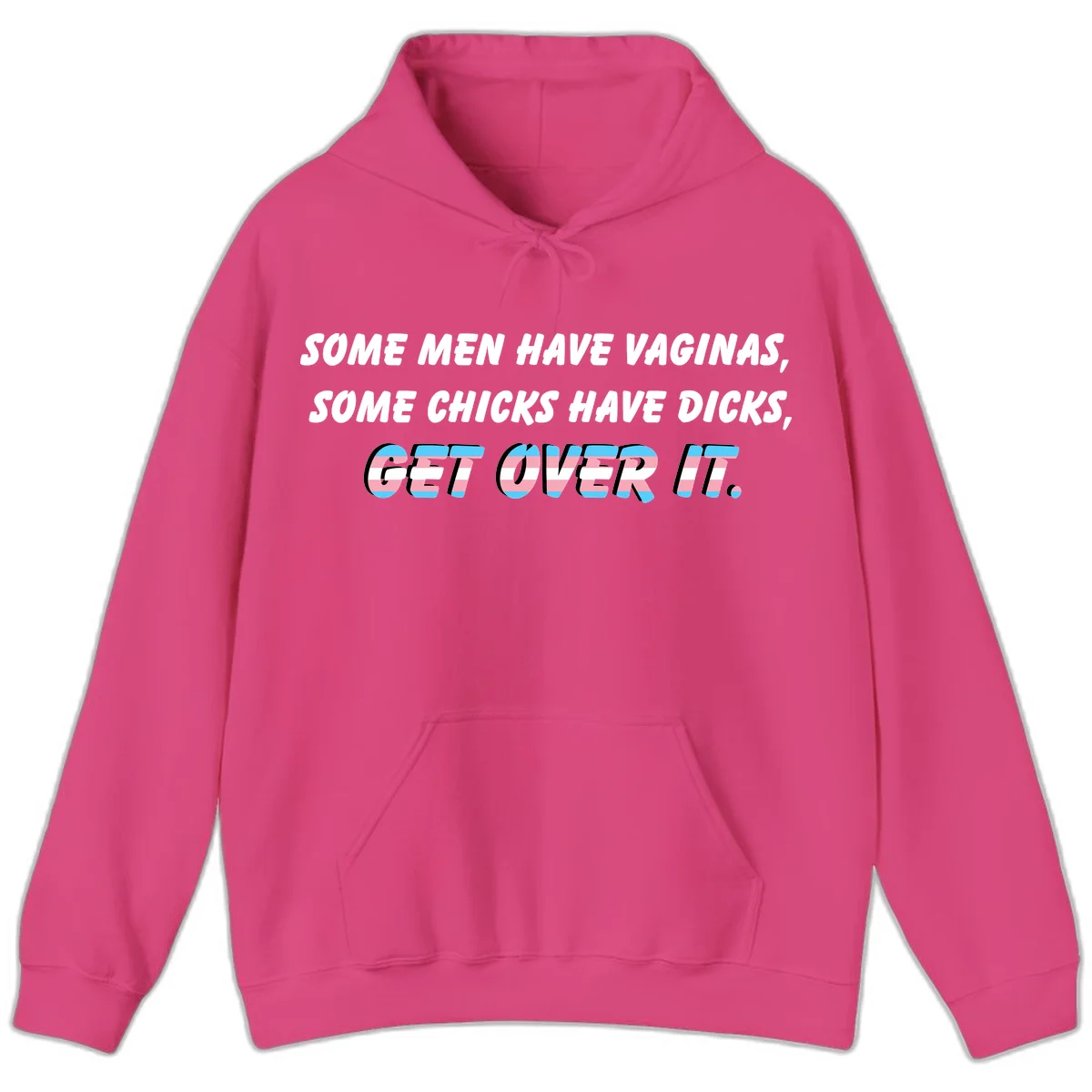 Get over it trans pride design with white text on gray background and trans flag colors in final phrase in Heliconia