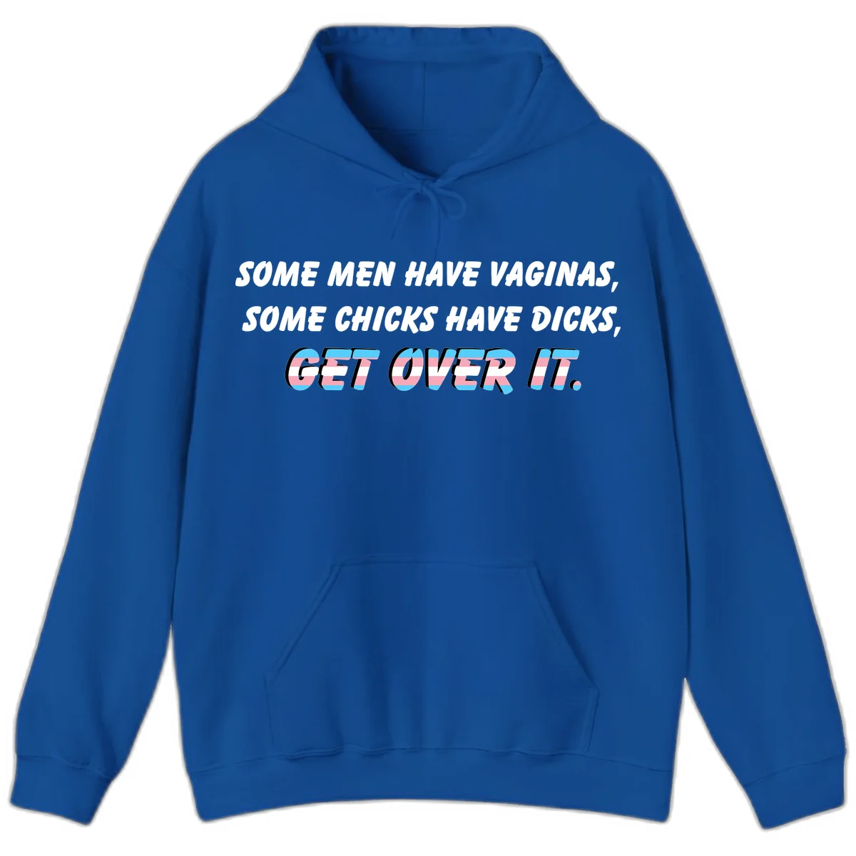 Get over it trans pride design with white text on gray background and trans flag colors in final phrase in Royal