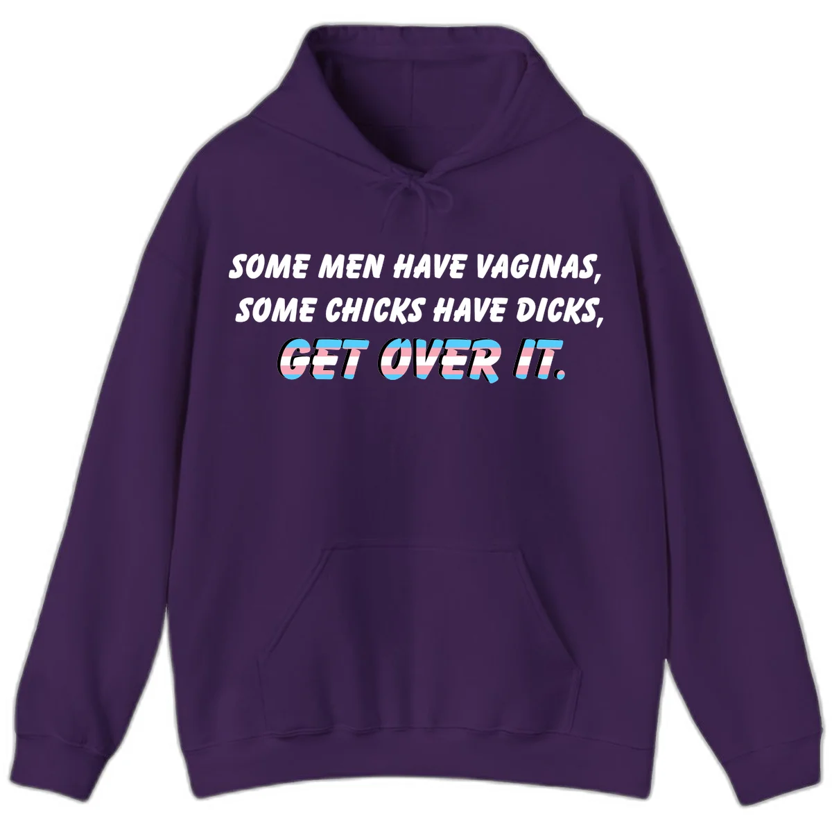 Get over it trans pride design with white text on gray background and trans flag colors in final phrase in Purple