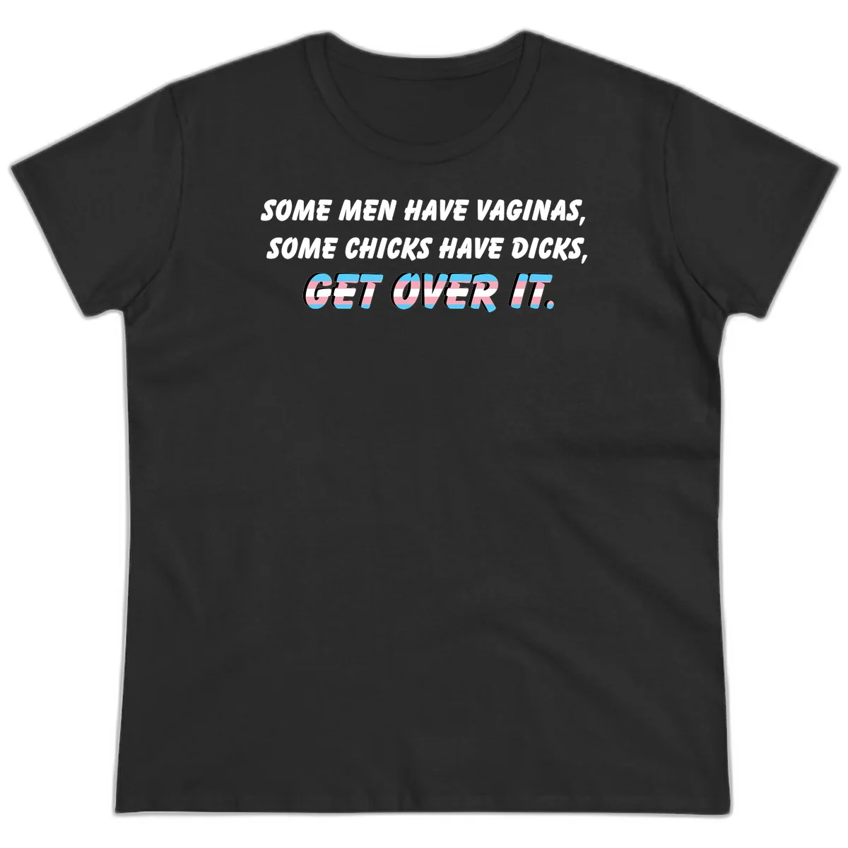 Get over it trans pride design with white text on gray background and trans flag colors in final phrase in Black