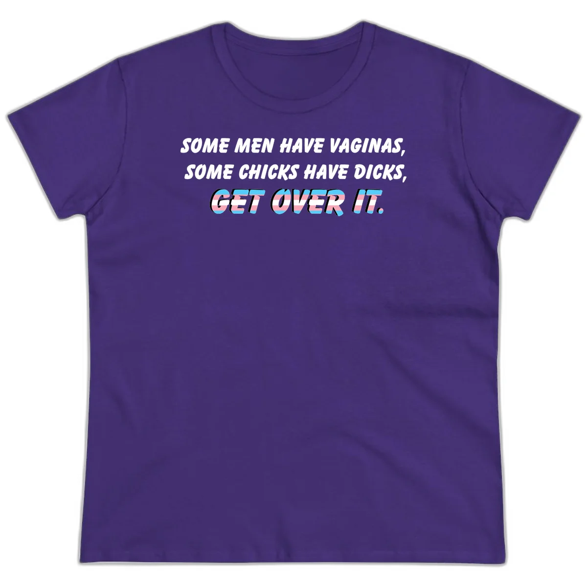 Get over it trans pride design with white text on gray background and trans flag colors in final phrase in Purple