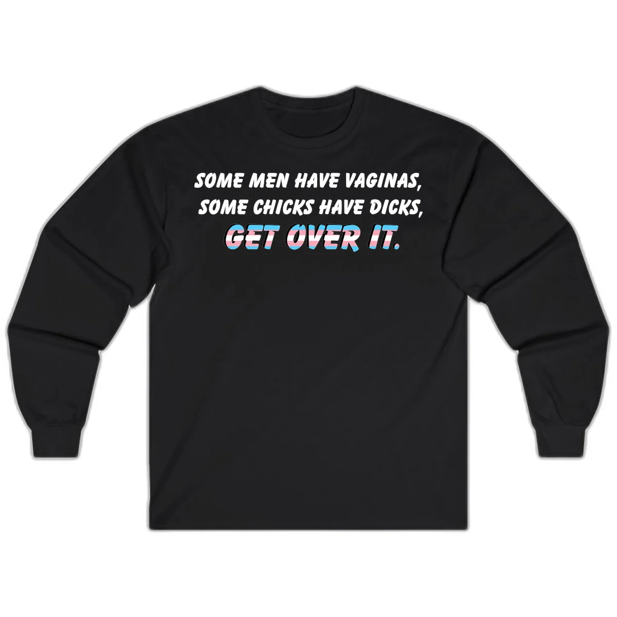Get over it trans pride design with white text on gray background and trans flag colors in final phrase in Black