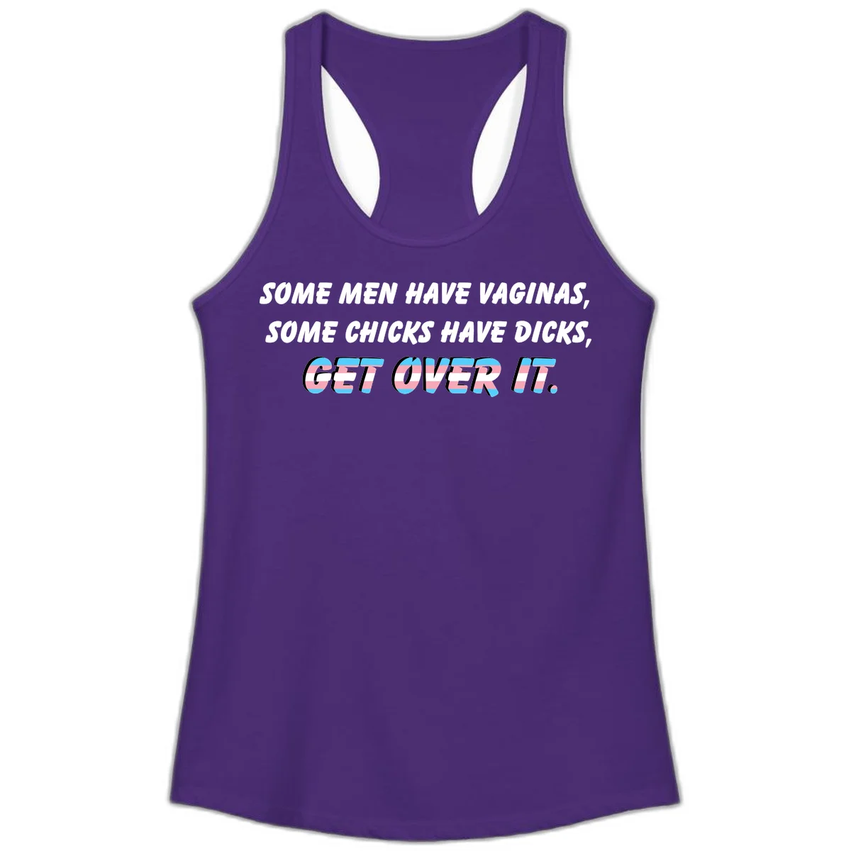 Get over it trans pride design with white text on gray background and trans flag colors in final phrase in Solid Purple Rush