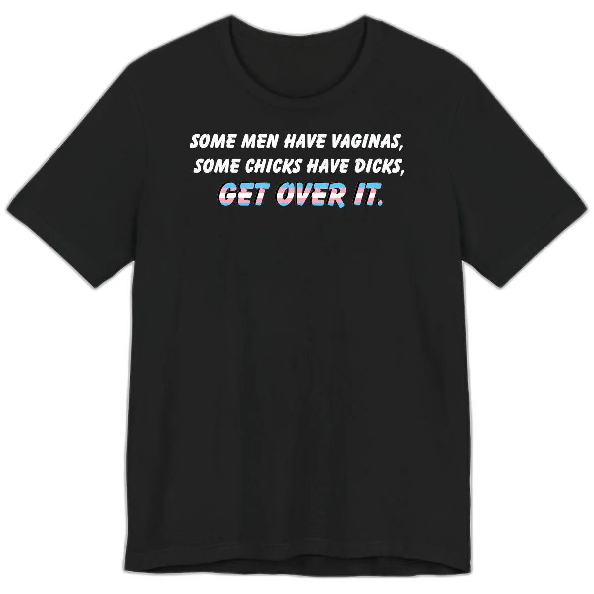 Get over it trans pride design with white text on gray background and trans flag colors in final phrase in Black