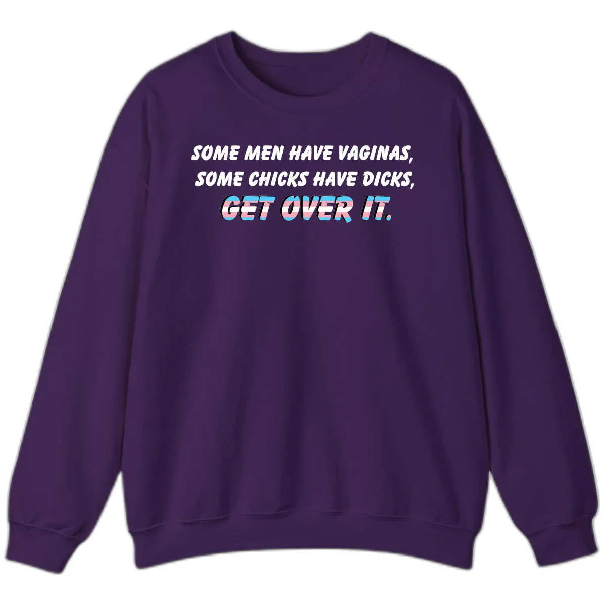 Get over it trans pride design with white text on gray background and trans flag colors in final phrase in Purple
