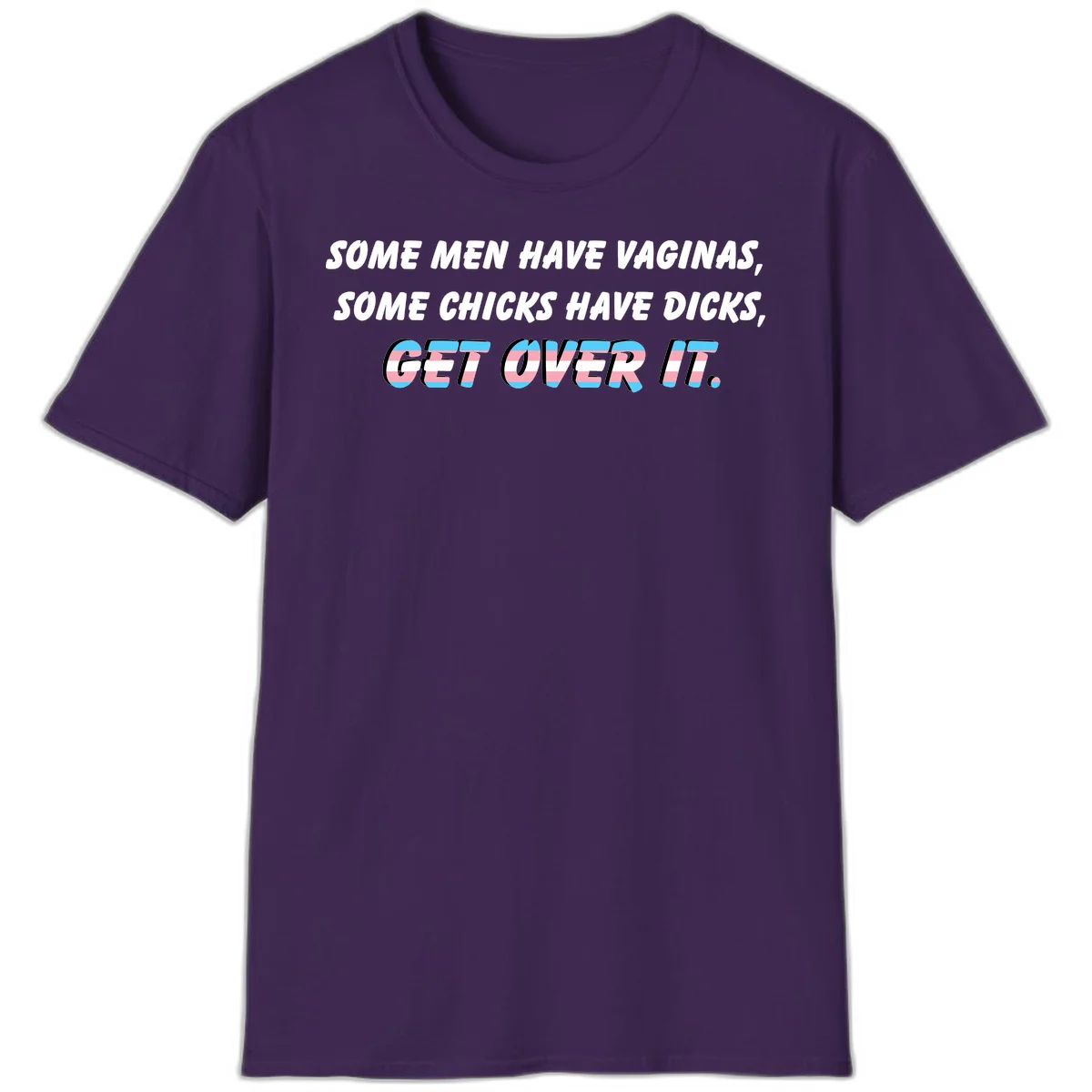 Get over it trans pride design with white text on gray background and trans flag colors in final phrase in Purple